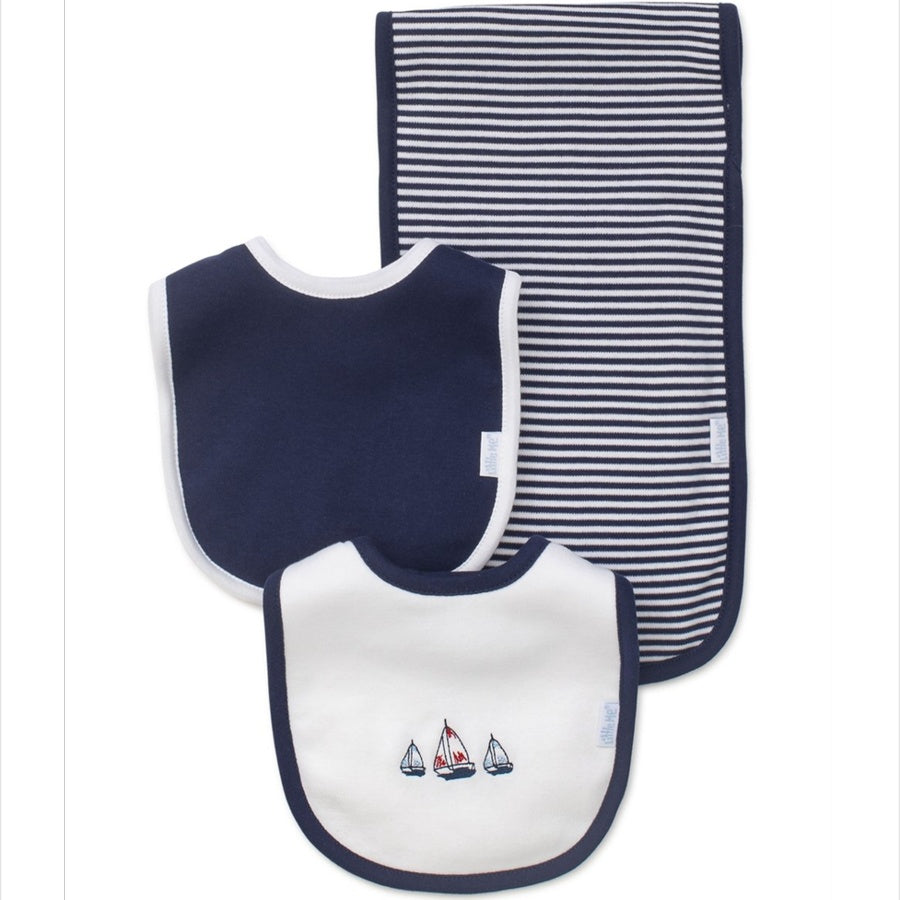 Set of two baby bibs with navy and white stripes on a white background