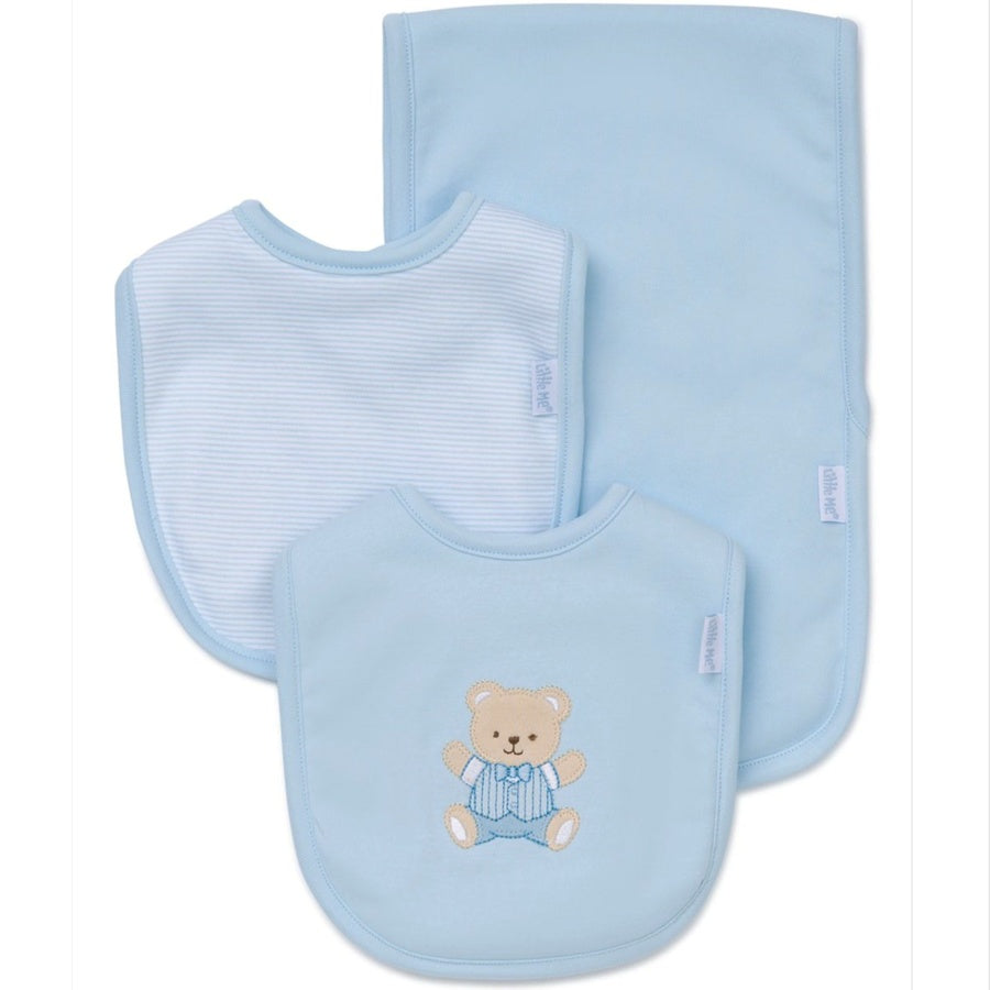 Set of blue baby bibs with a teddy bear design on a white background