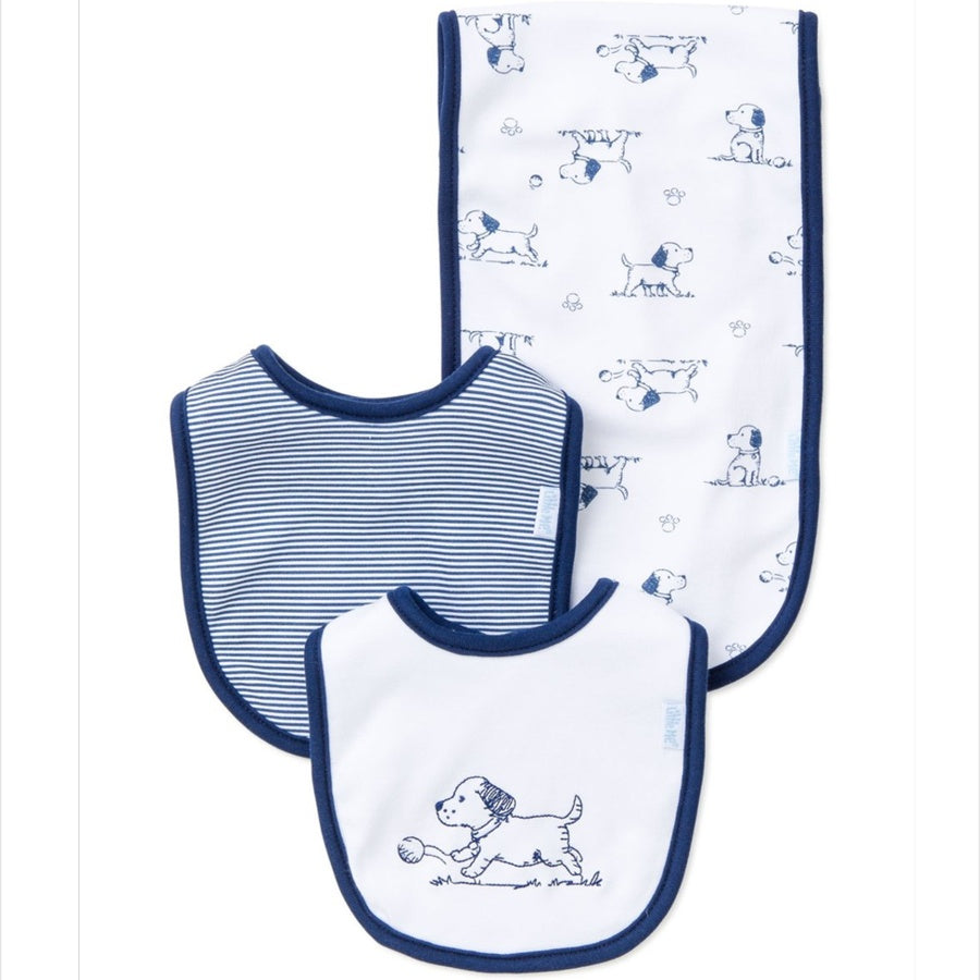 Set of three baby bibs with dog illustrations on a white background