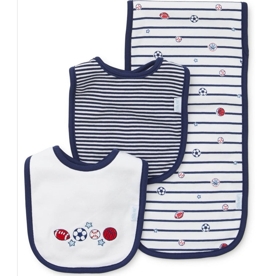 Baby bibs and burp cloth set with sports-themed design on a white background