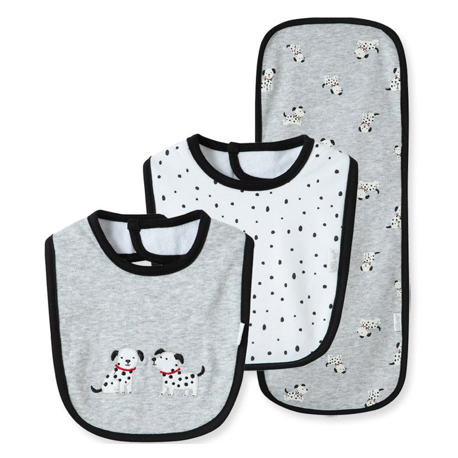 Set of three baby bibs with dalmatian dog patterns on a white background