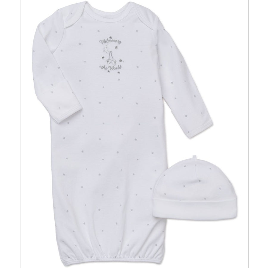 White baby gown with long sleeves and matching hat on a white background