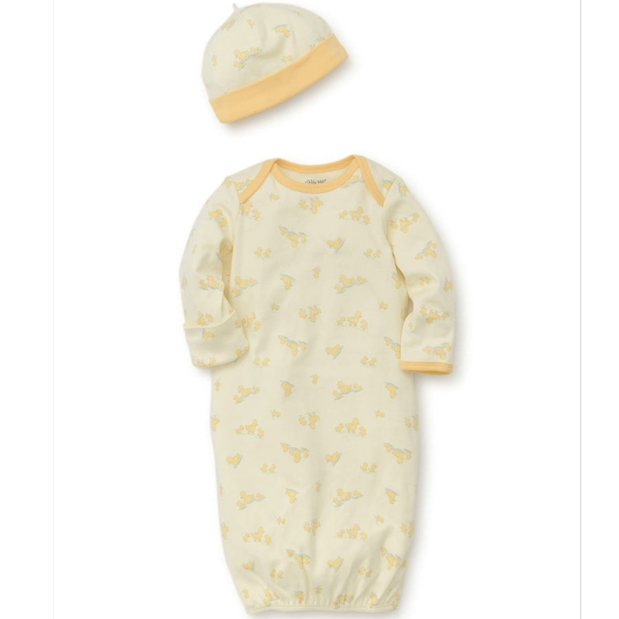 Yellow duck baby gown with long sleeves and matching hat on a white 