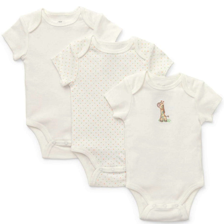 Three baby bodysuits with different patterns on a white background