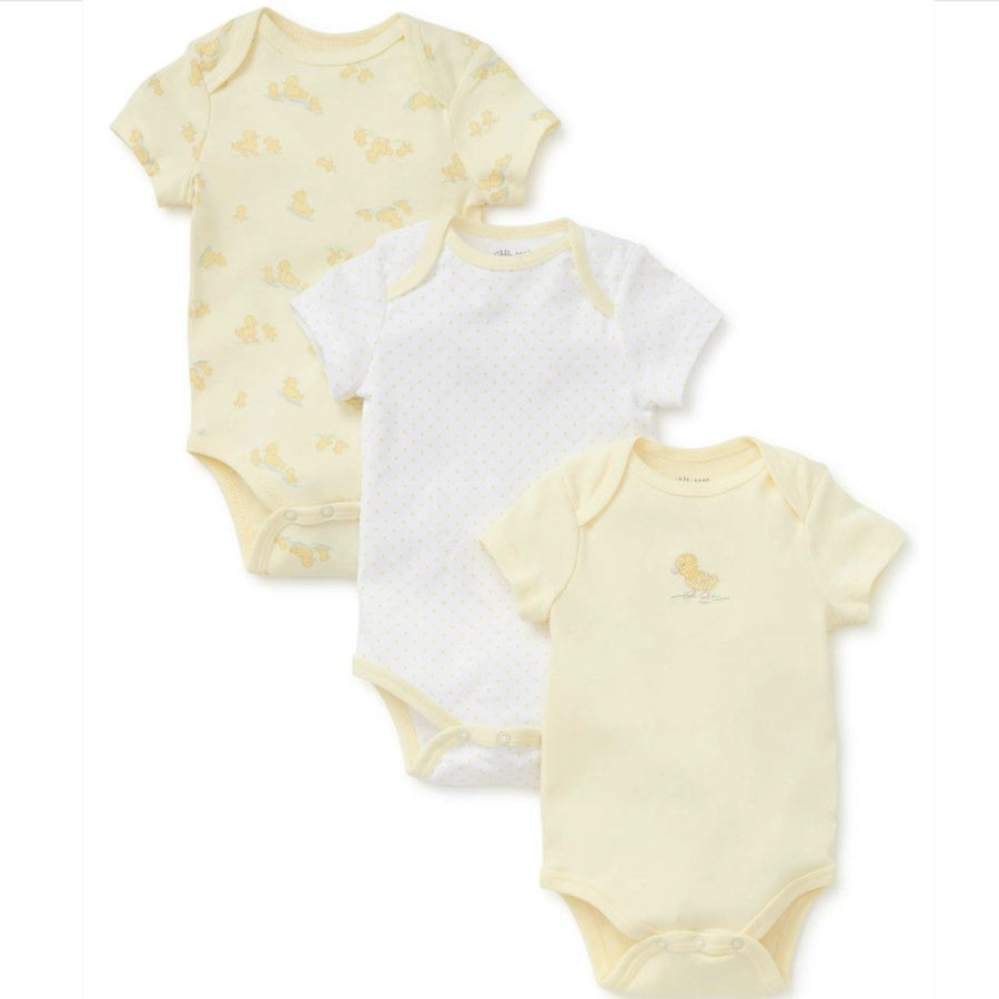 Three baby bodysuits with different patterns on a white background