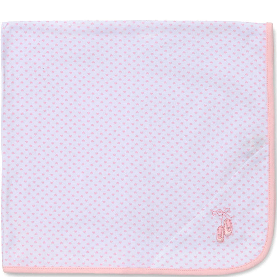 Baby blanket with pink border and small pink patterns on light blue background