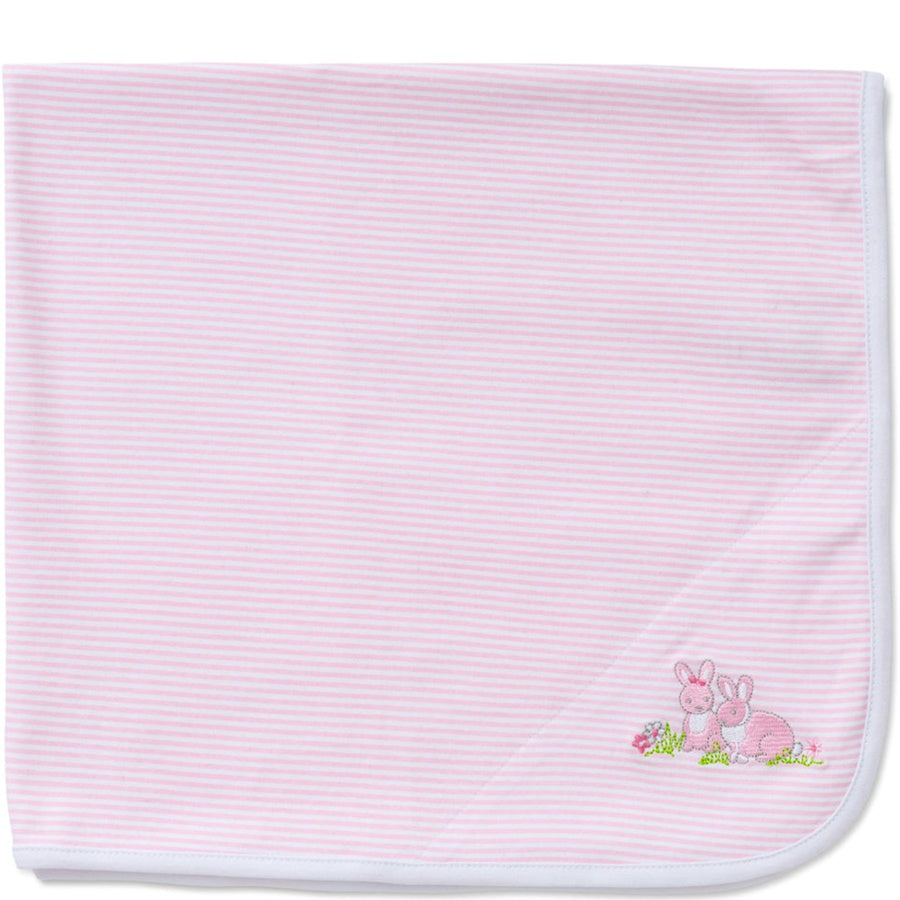 Pink striped baby blanket with embroidered bunny design on a white background