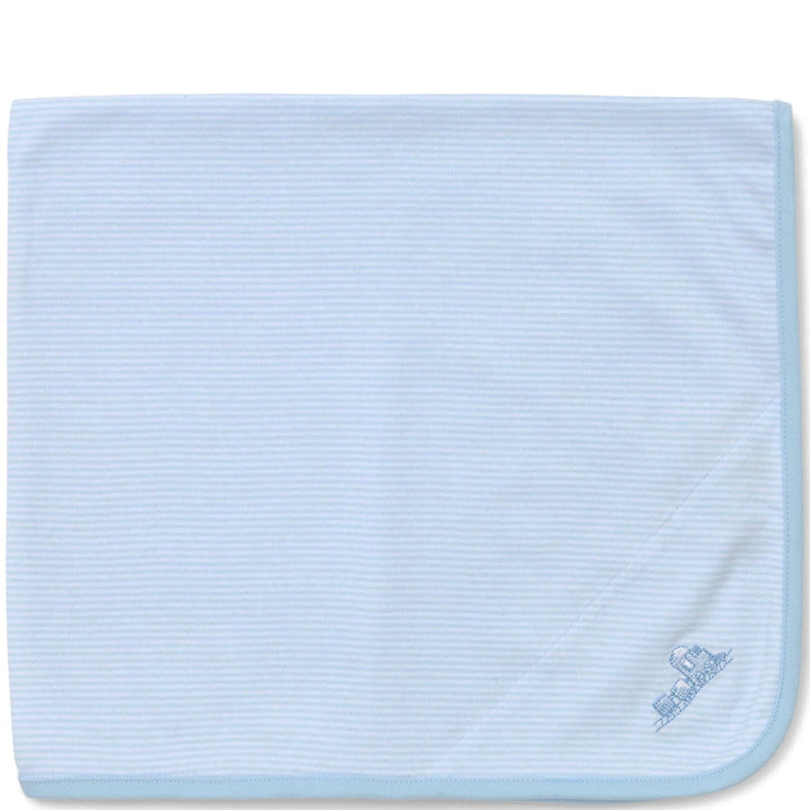 Light blue textured fabric with a brand logo on a white background