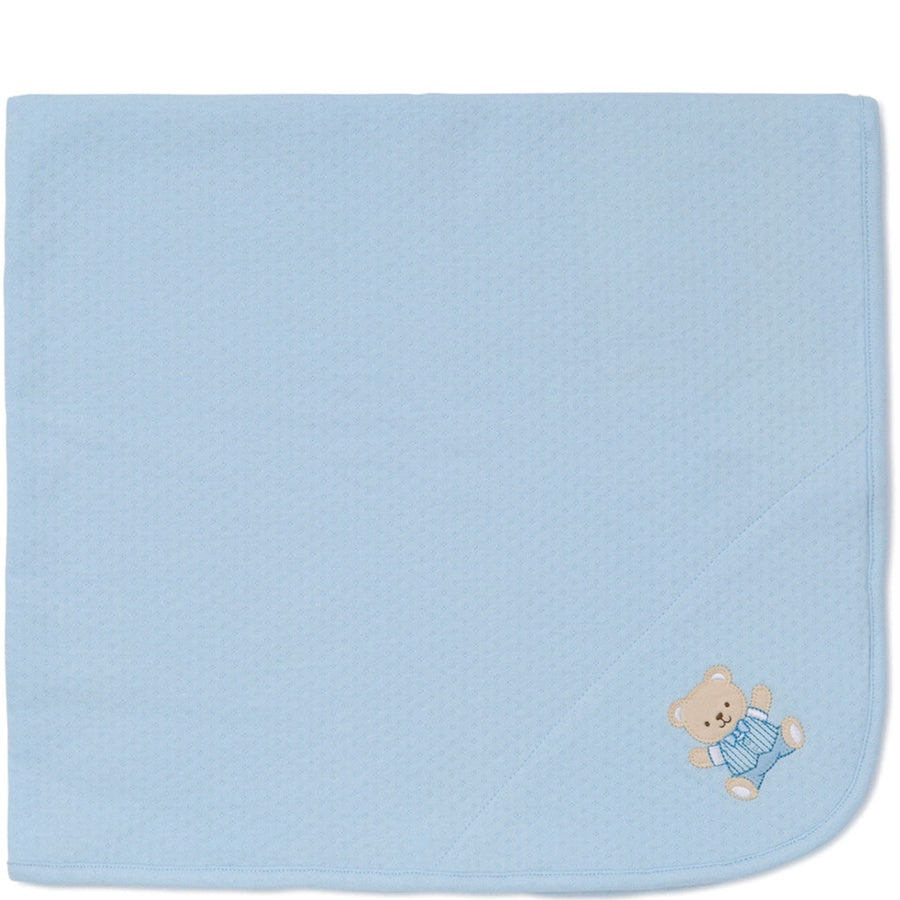 Blue baby blanket with a teddy bear design on a white background
