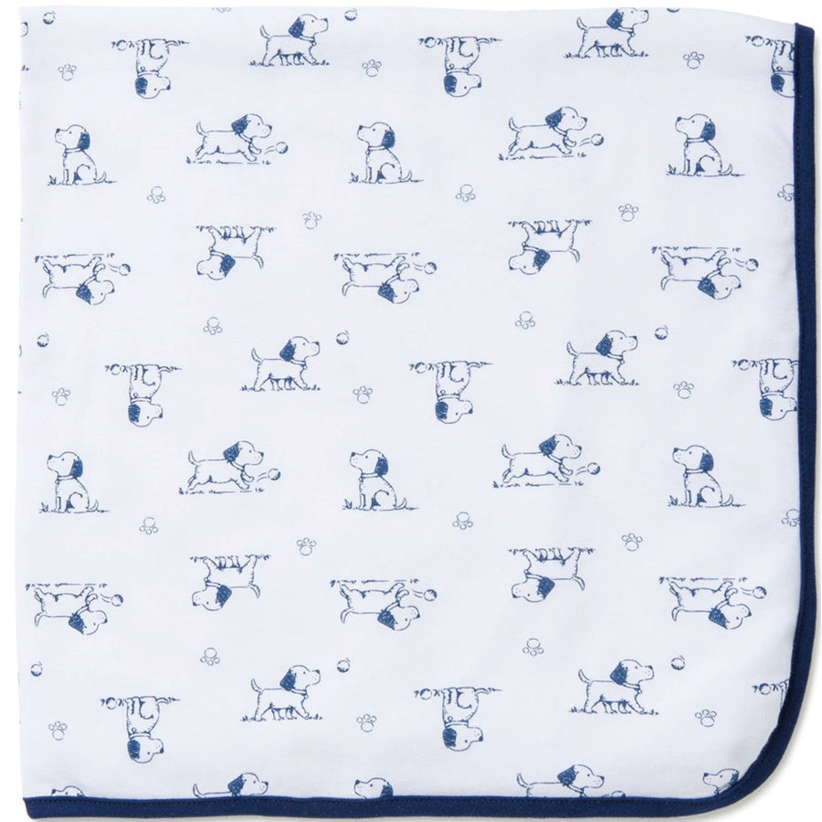 Baby blanket with blue dog pattern on a white background