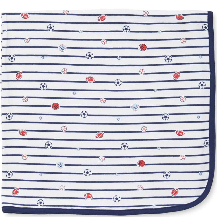 Baby blanket with striped pattern and sports-themed icons on a white background