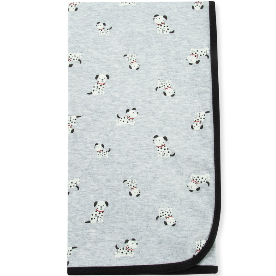 Gray blanket with black border and dalmatian dog pattern on a white background