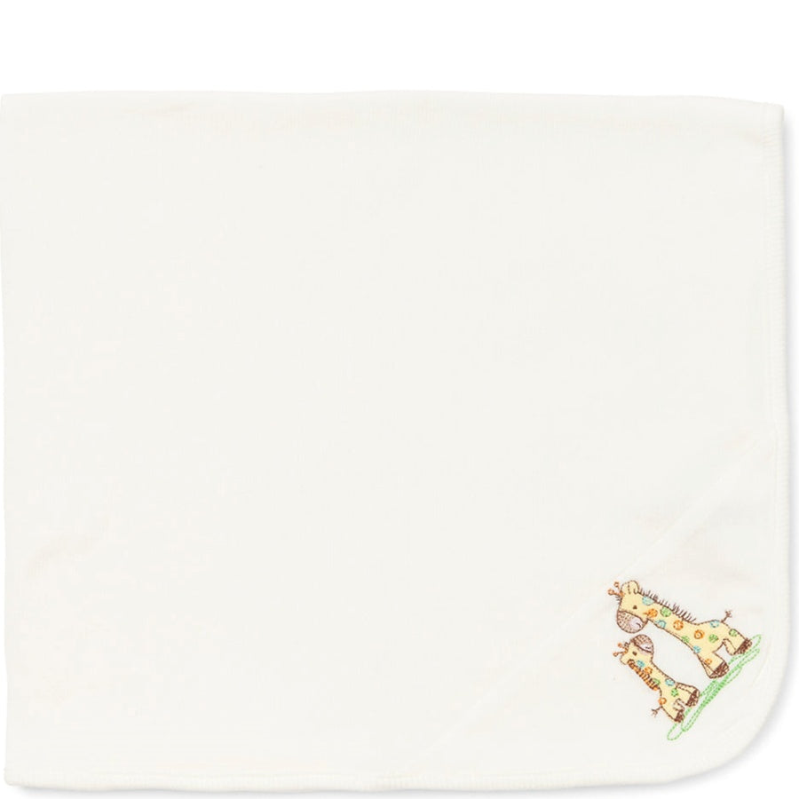 White baby blanket with a colorful giraffe design on a white background