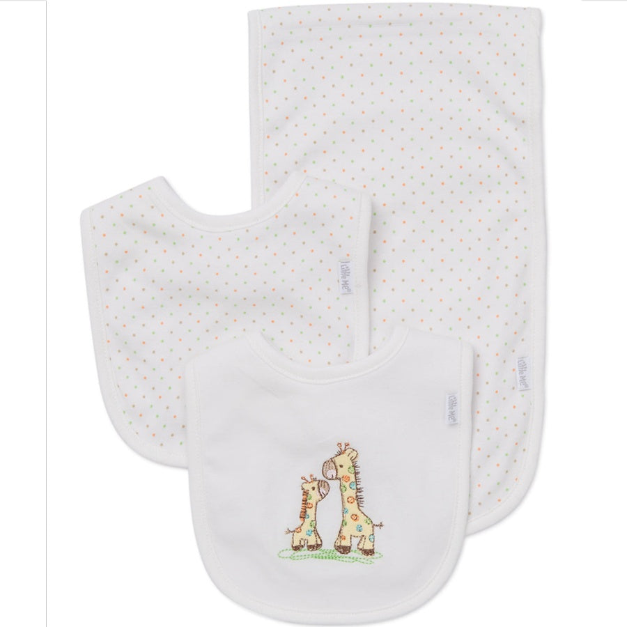 Two baby bibs with embroidered giraffes on a white background