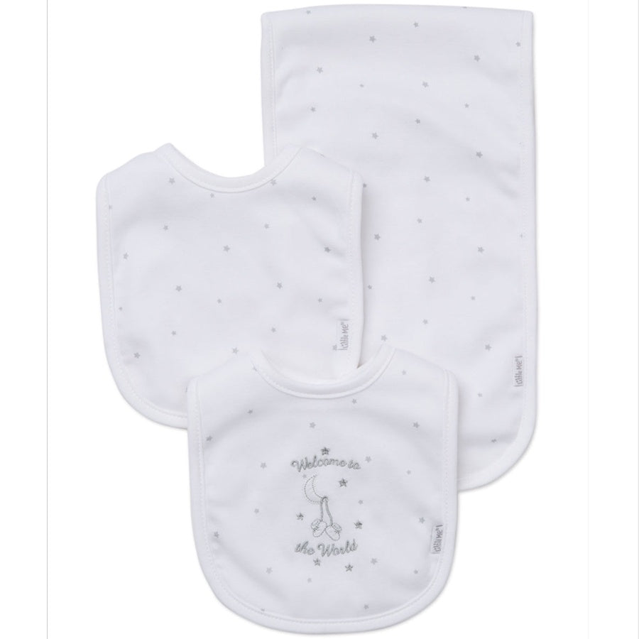 Three baby bibs with star patterns and 'Welcome to the World' text on a white background