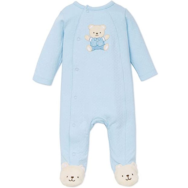 Light blue baby onesie with a teddy bear design on a white background
