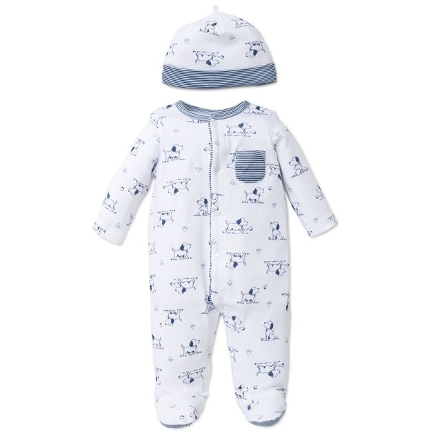 Baby onesie and hat set with Puppy pattern on a white background