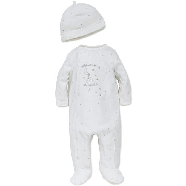 Baby onesie and hat set with star pattern on a white background