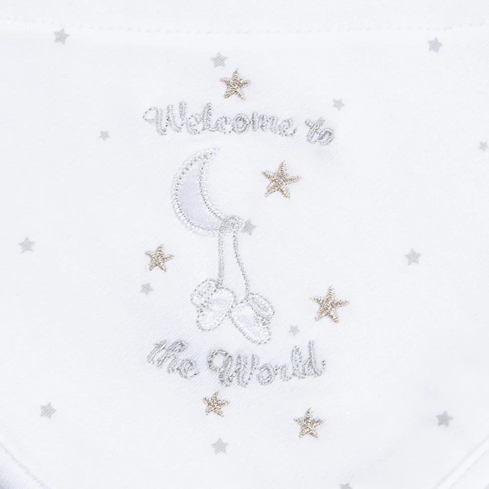 Decorative text 'Welcome to the Outworld' with stars and a moon on a white background