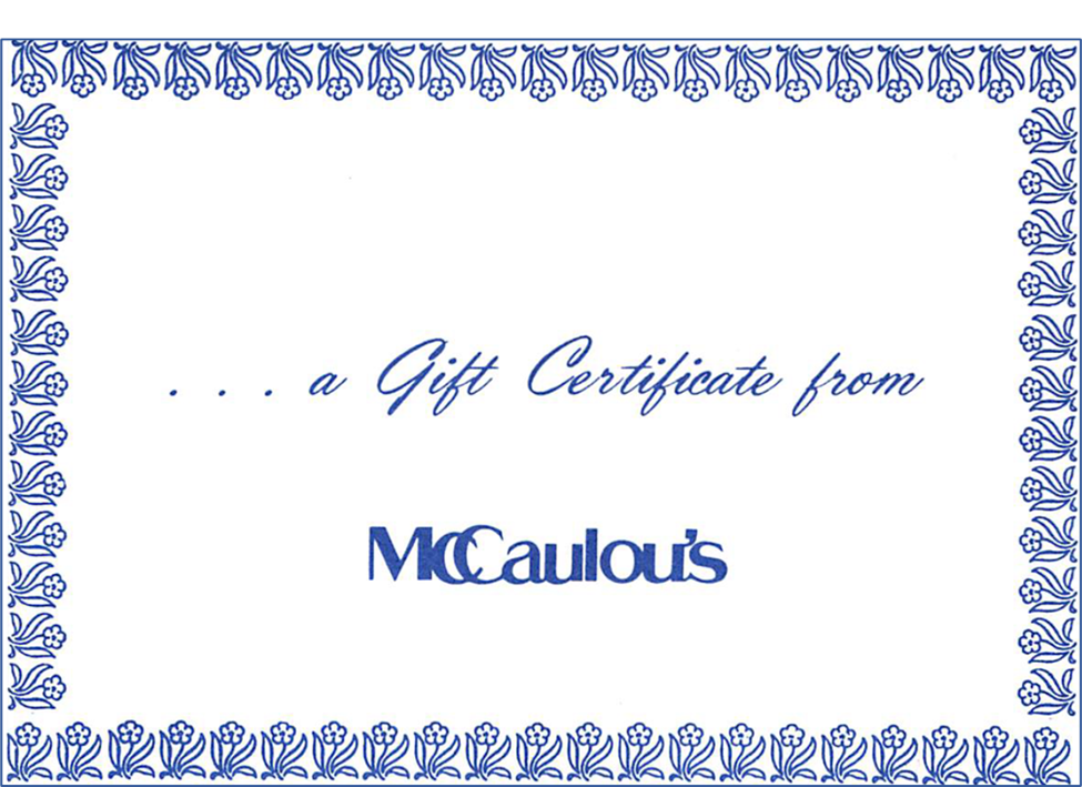 Gift certificate from McCaulou's with decorative border