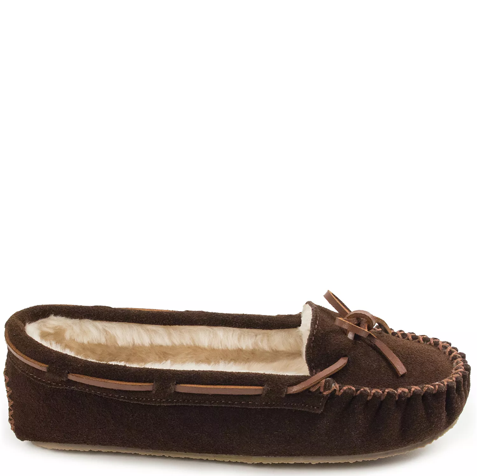 Brown moccasin slipper with fur lining on a white background