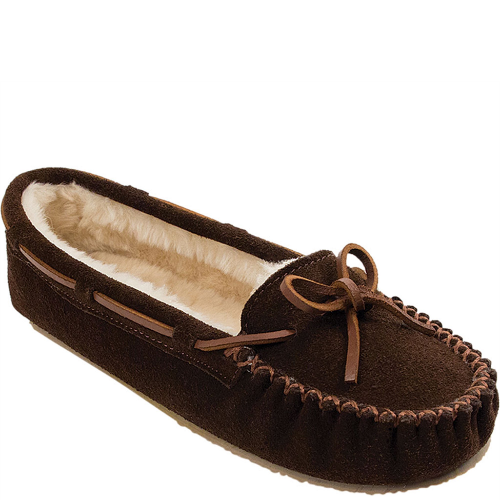 Brown moccasin slipper with fur lining on a white background
