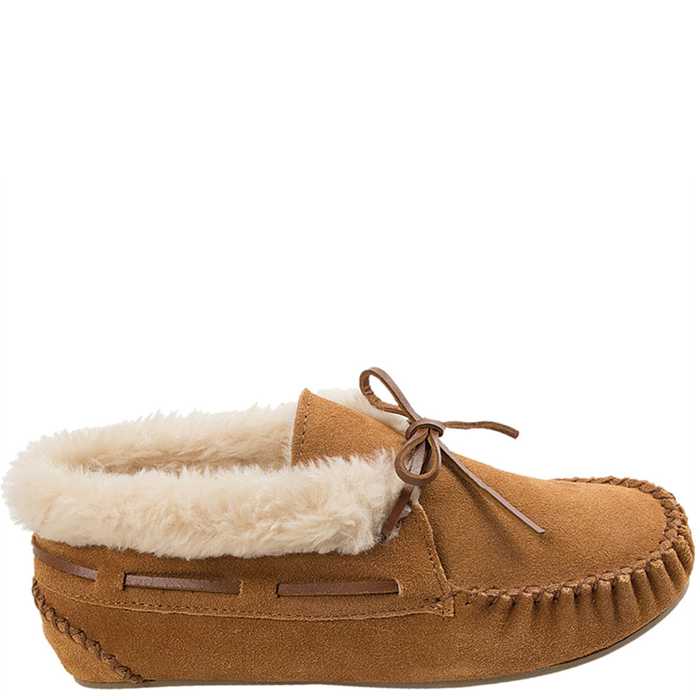 Brown moccasin slipper with white fur lining on a white background