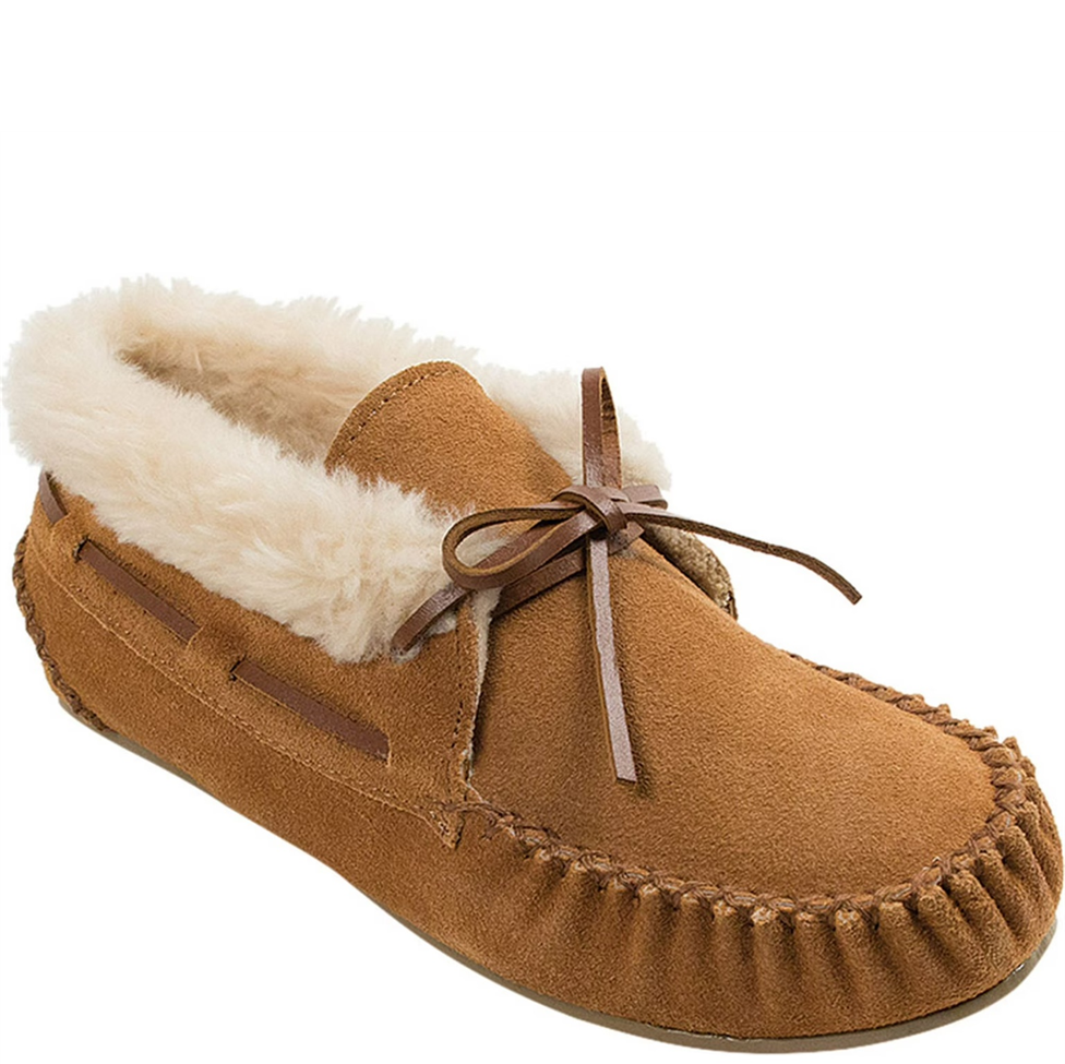 Brown moccasin slipper with fur lining on a white background