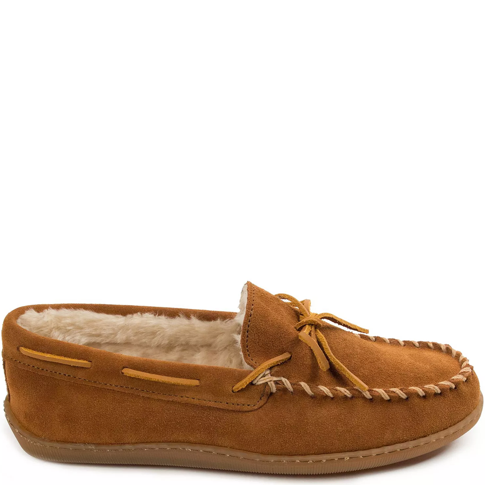 Brown moccasin slipper with fur lining on a white background