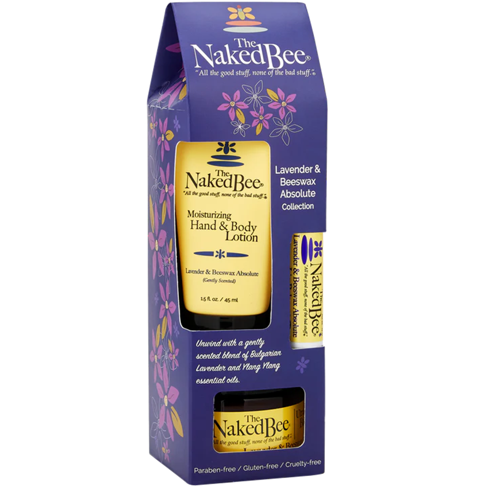 Naked Bee hand and body lotion packaging with lavender and beeswax theme