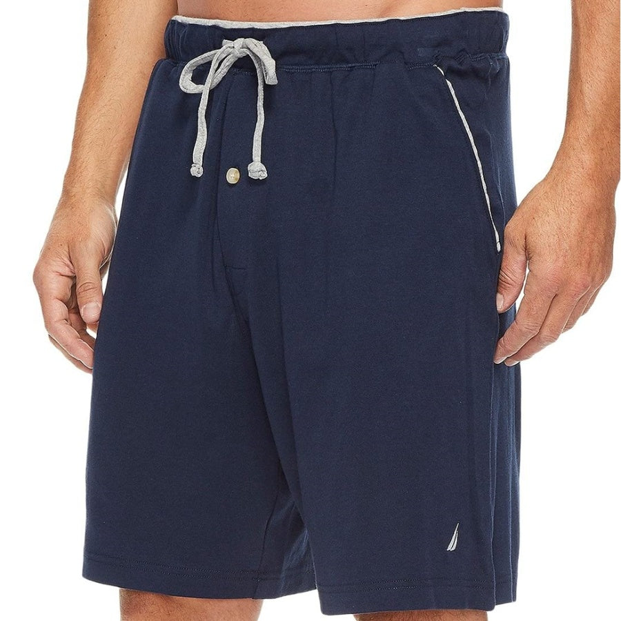 Navy blue shorts with a brand logo on a white background