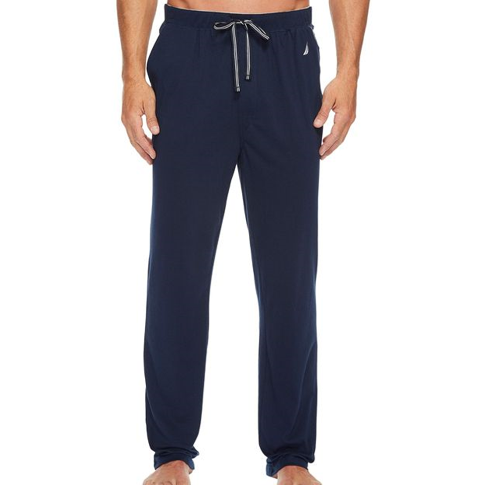 Navy blue pajama pants with a drawstring on a white background