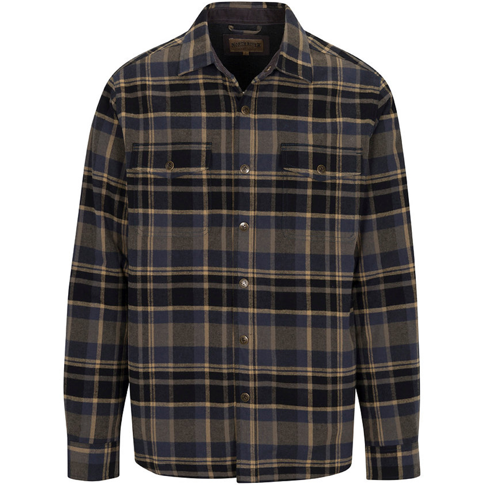 Plaid shirt with a brown and blue pattern on a white background