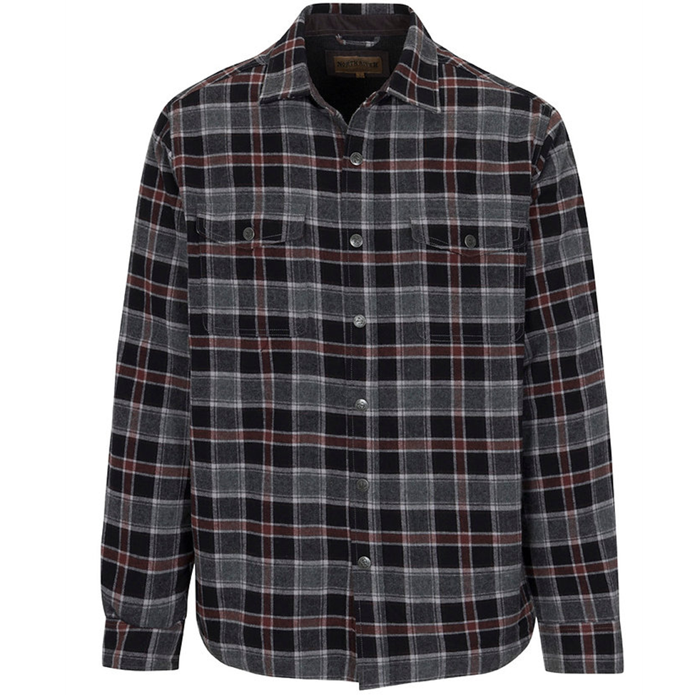 Plaid shirt with black, gray, and red pattern on a white background