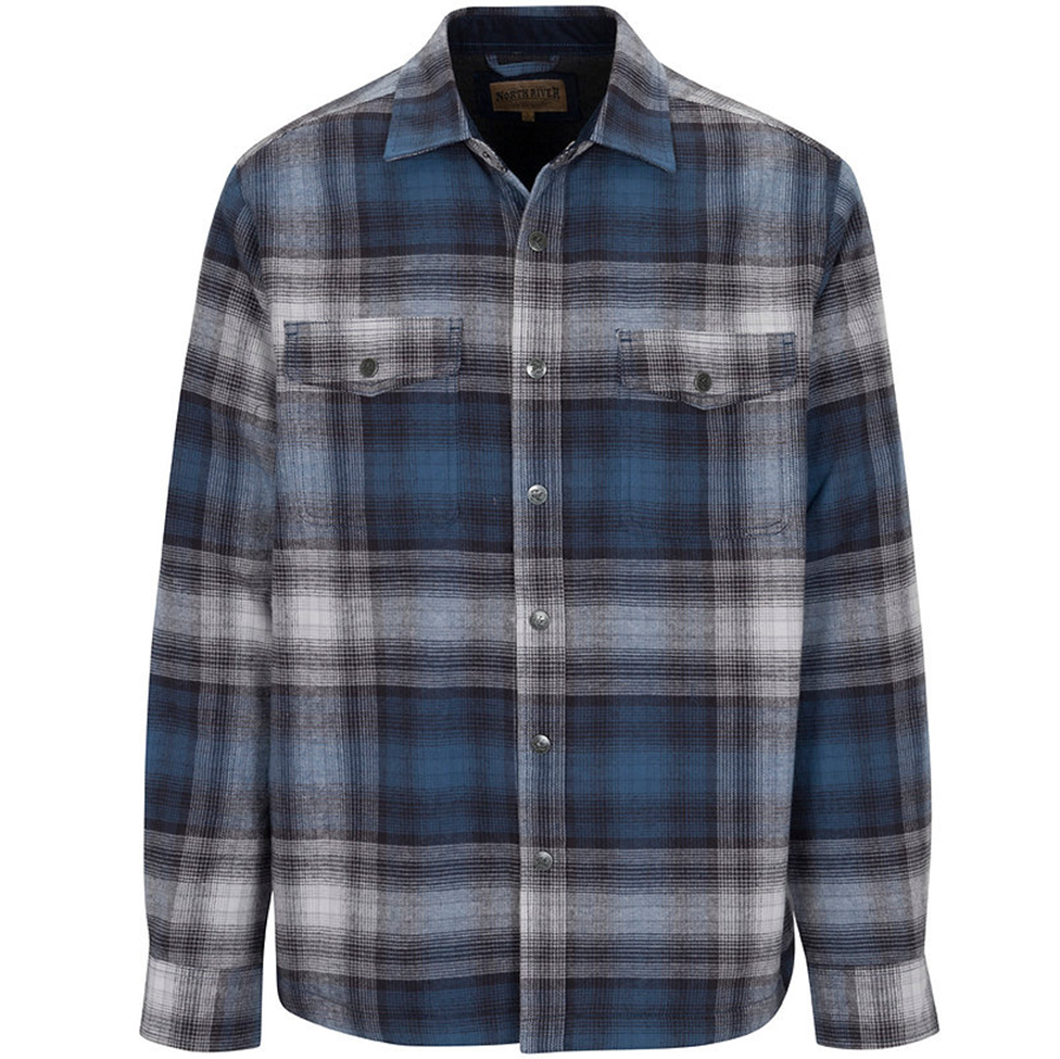 Plaid shirt with blue, gray, and black pattern on a white background