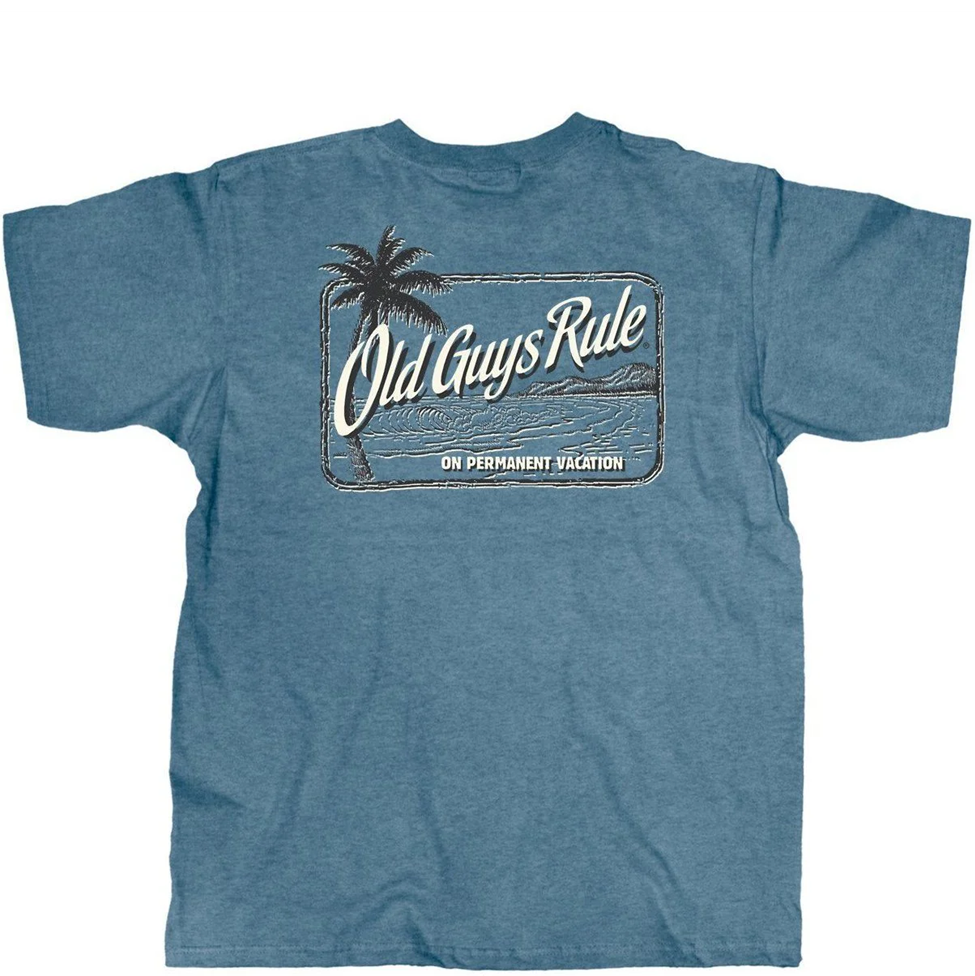 Blue t-shirt with 'Old Guys Rule' graphic on a white background
