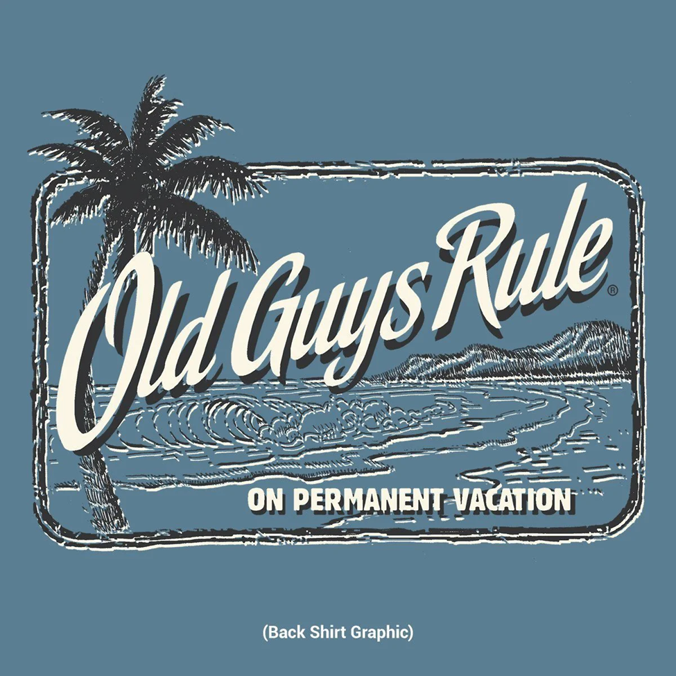 Logo of 'Old Guys Rule' with a palm tree and beach graphic on a blue background