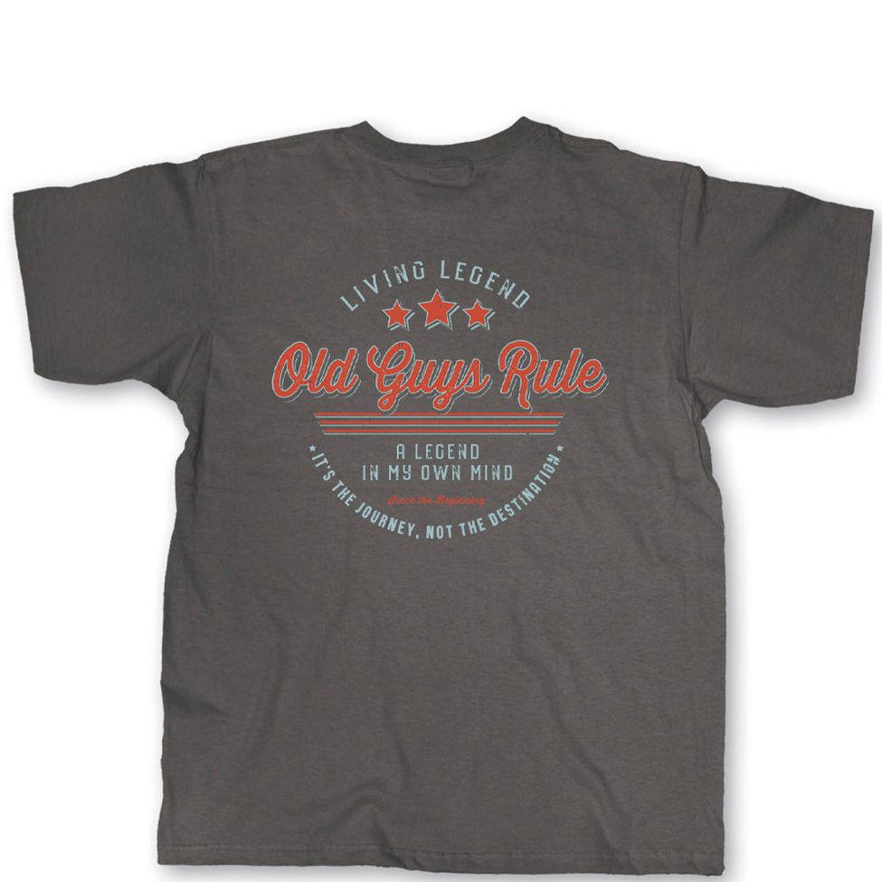 Gray t-shirt with 'Old Guys Rule' text design on a white background