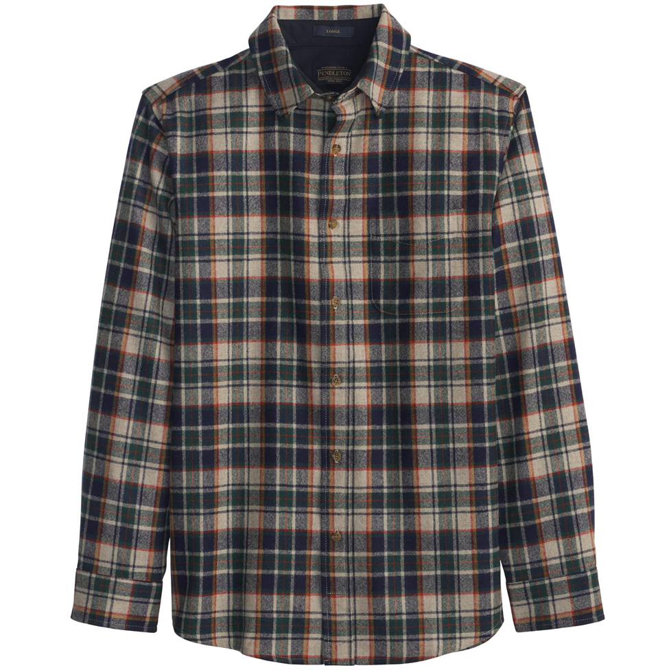 Plaid shirt with green, brown, and beige pattern on a white background