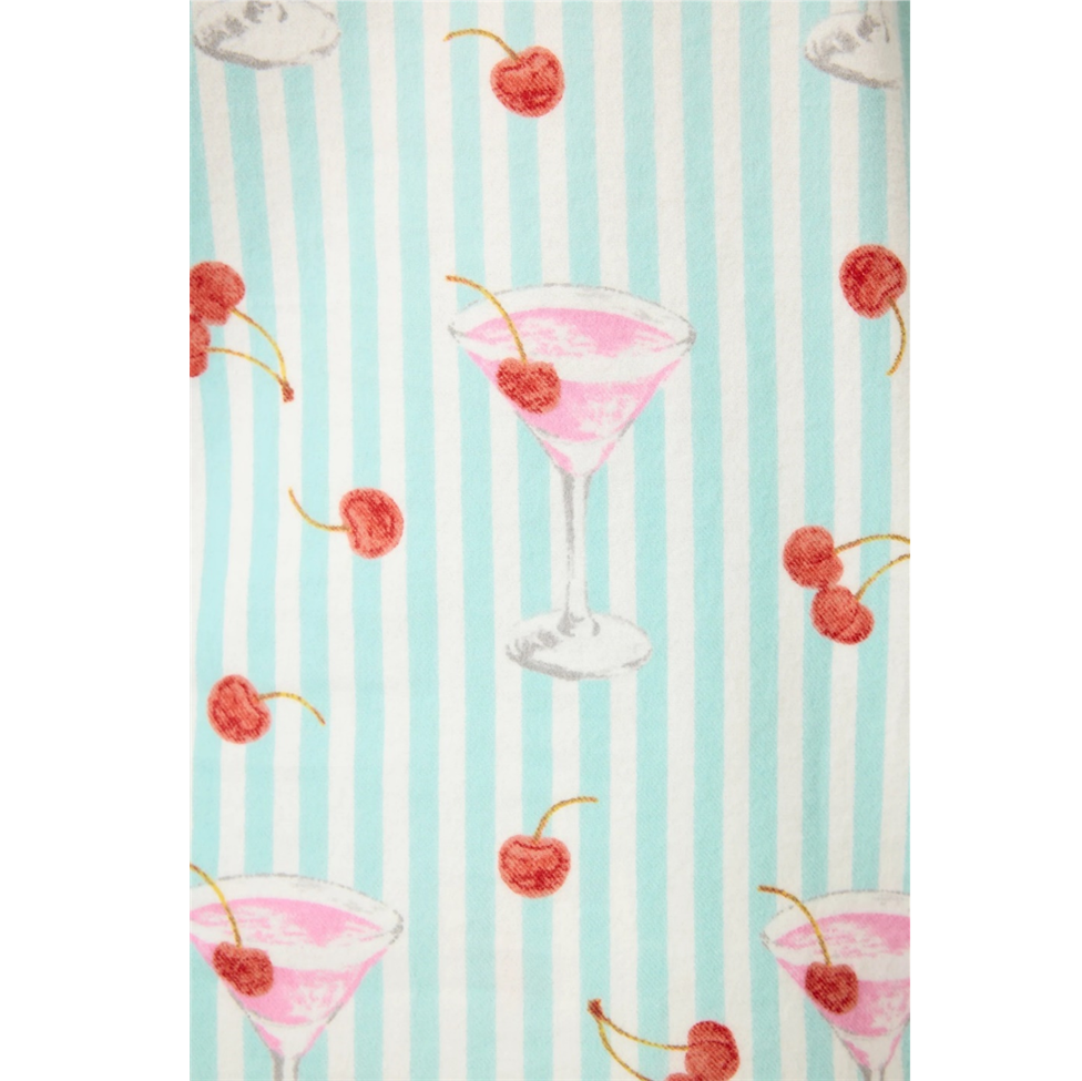 Pattern of pink cocktails with cherries on a striped background