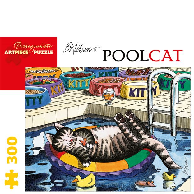 Jigsaw puzzle box featuring a cat in a pool with colorful pet bowls in the background.