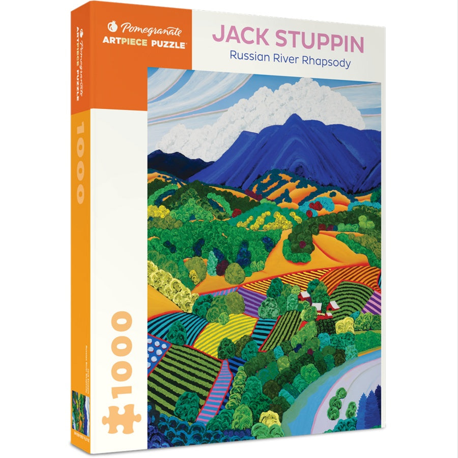 Pomegranate Artpiece Puzzle box featuring a colorful landscape design by Jack Stuppin.