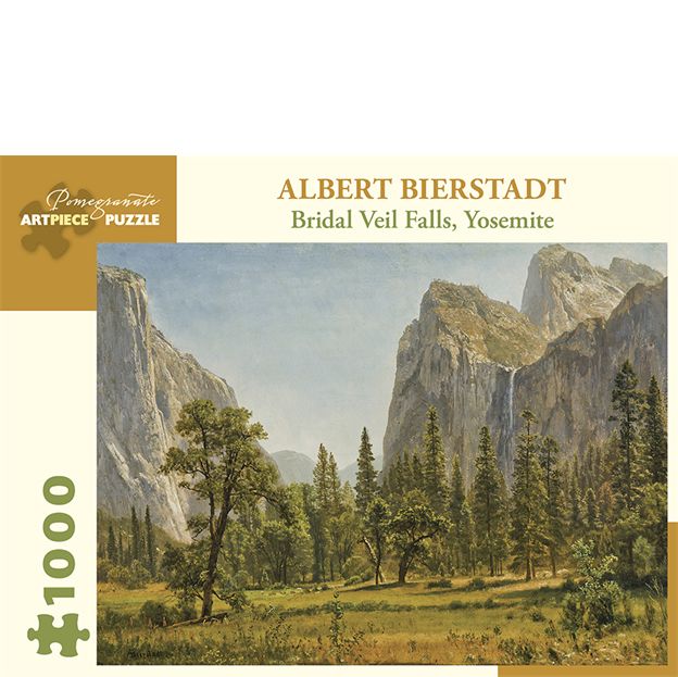 Jigsaw puzzle packaging featuring Albert Bierstadt's 'Bridal Veil Falls, Yosemite' with mountain and landscape design.