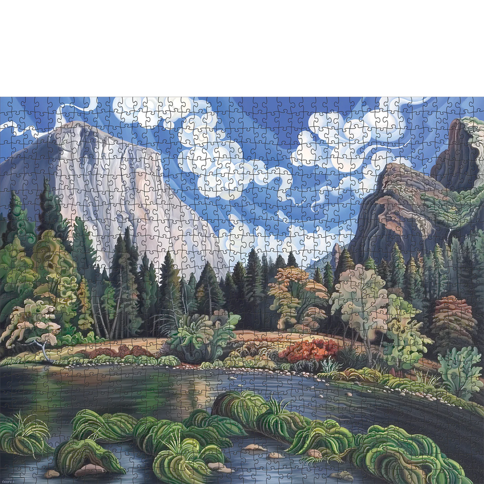 Jigsaw puzzle with a scenic landscape featuring mountains, trees, and a lake.