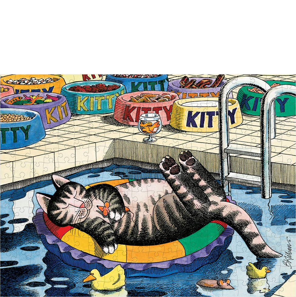 Cat lounging on a colorful inner tube in a pool with 'KITTY' bowls and toys around.