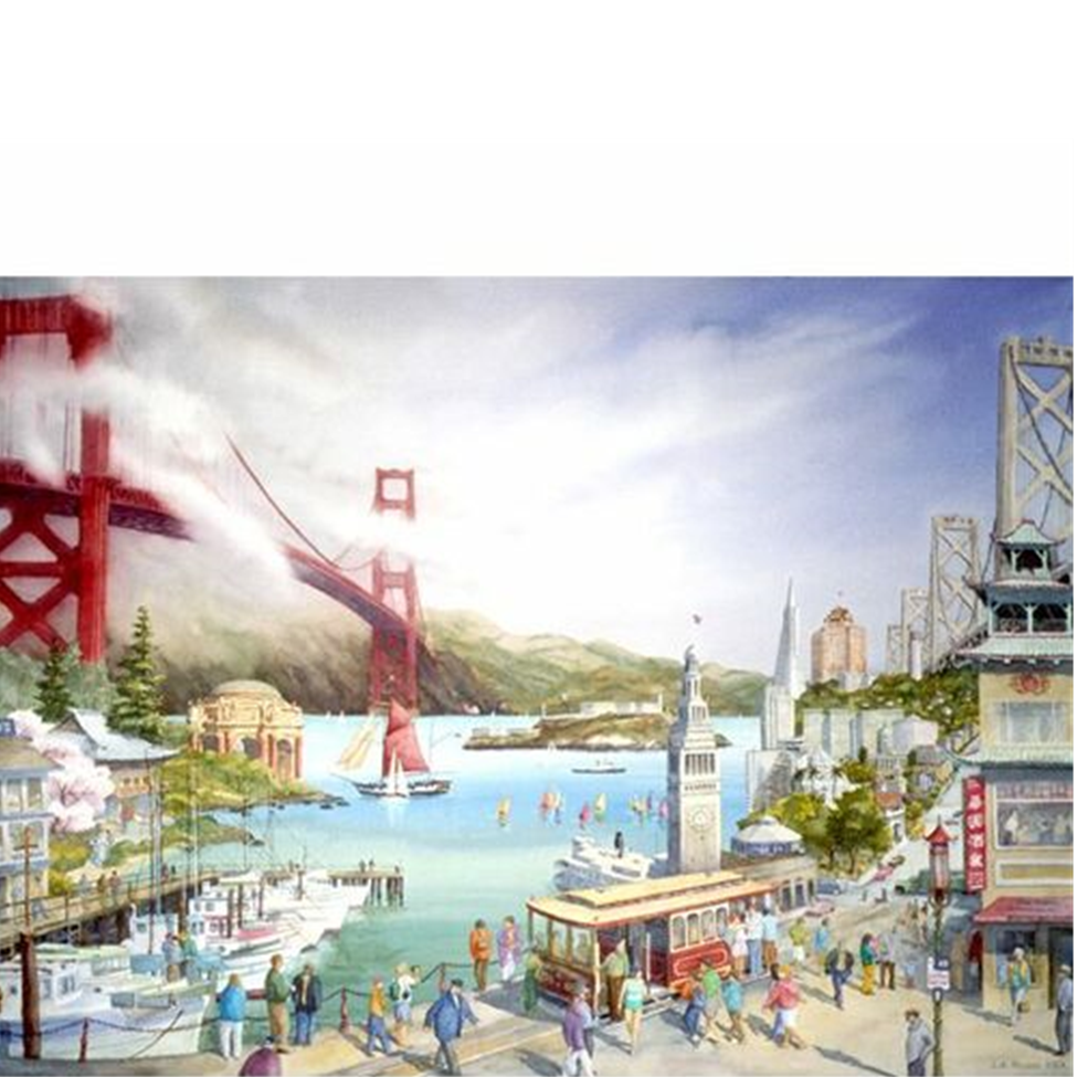Illustration of a city scene with a red bridge, boats, and people on a dock.