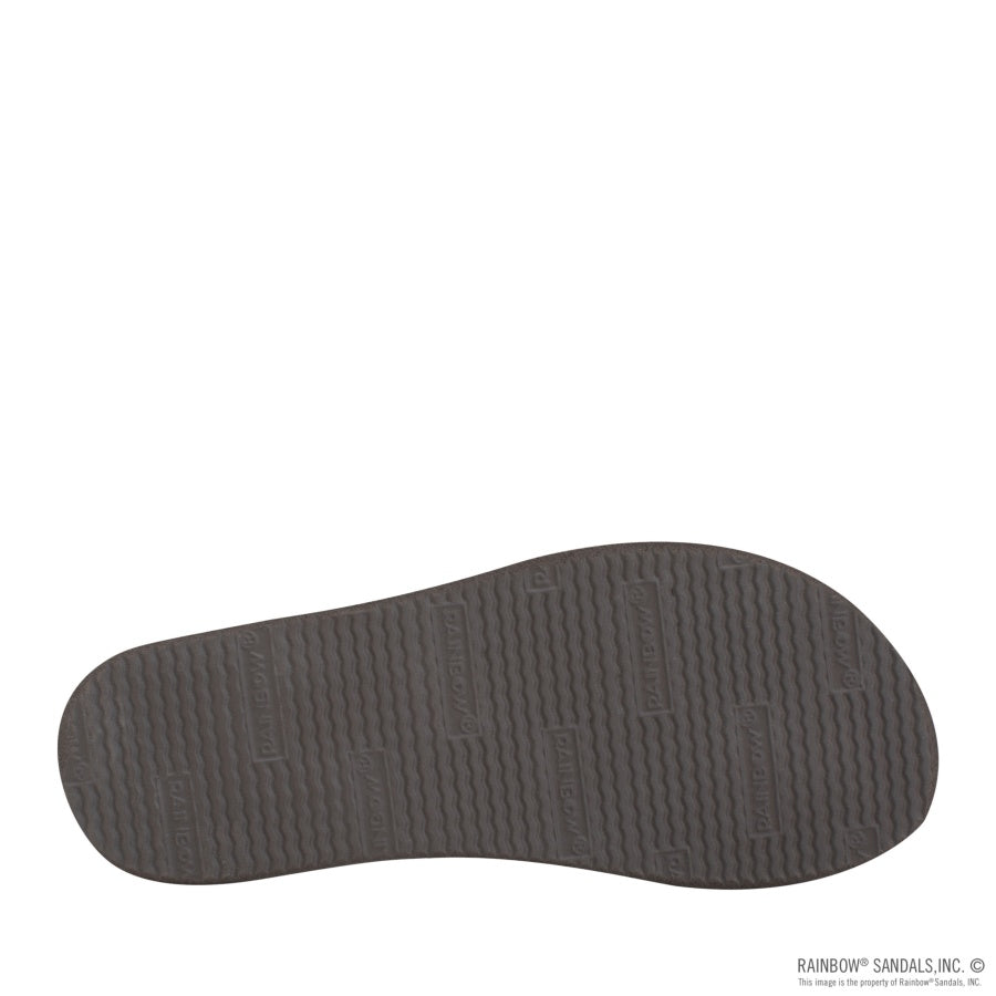 Dark gray sandal sole with brand logo on a white background