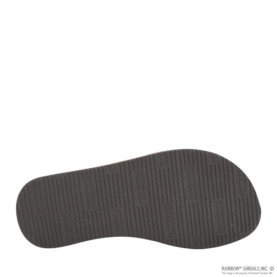 Black sandal sole with brand name on a white background
