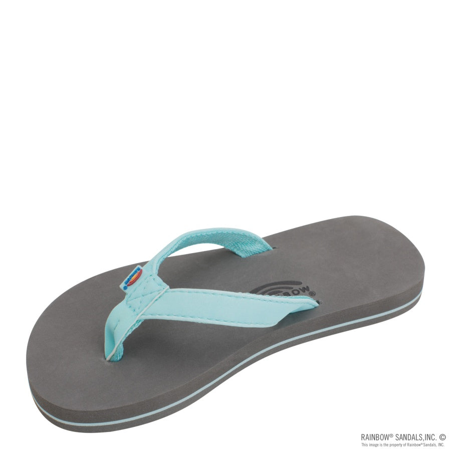Flip-flop sandal with gray sole and light blue strap on a white background