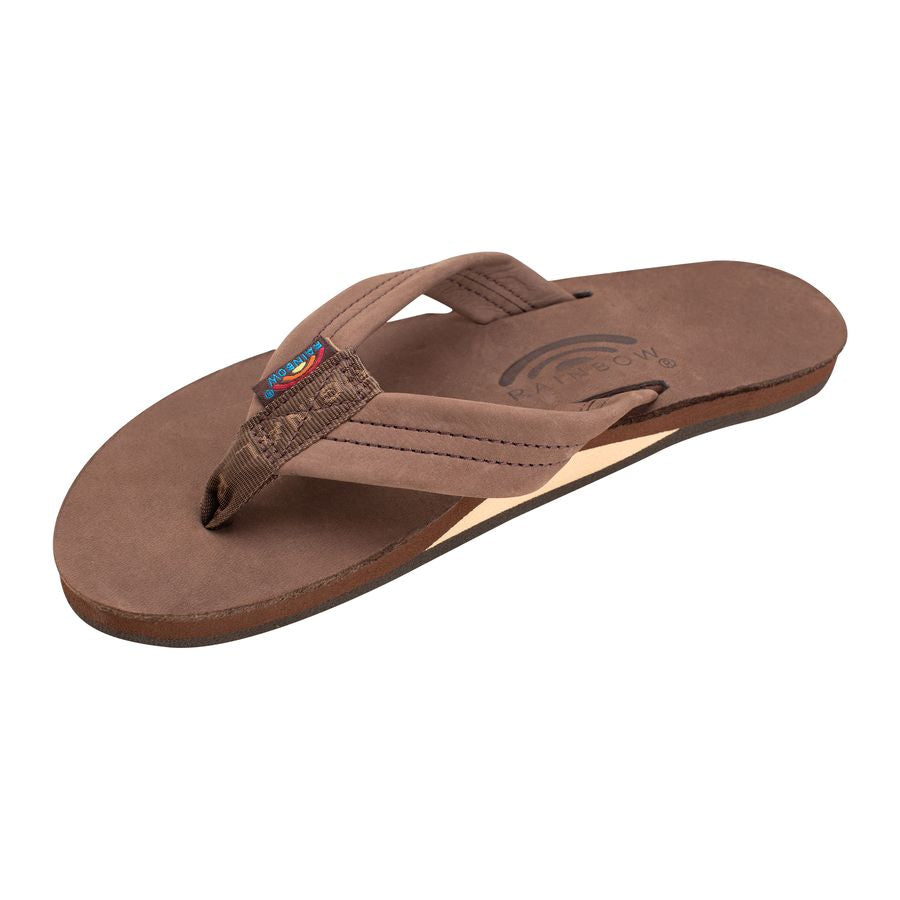 Brown sandal with a logo on a white background